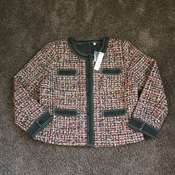 NEW Chico's Black Denim Red Cream Tweed Jacket Coat M 1 - Picture 2 of 7